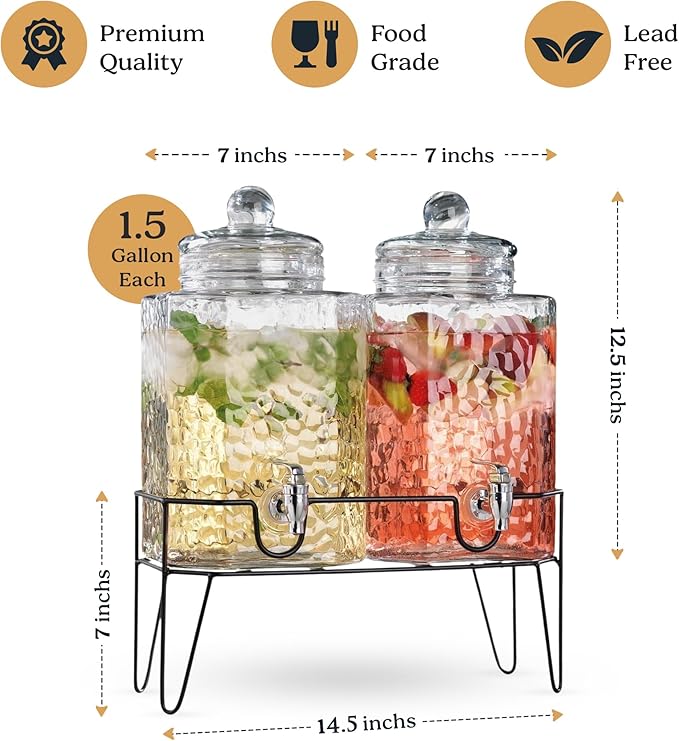 MosJos Beverage Dispensers - Set of 2 Glass Drink Dispensers with Metel Stand - 1.5-Gallon Capacity - Perfect for Lemonade, Juice, Water, Iced Tea, Punch - Image 3