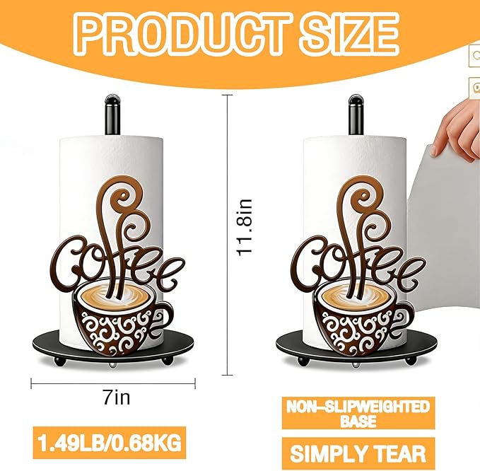 Coffee Themed Paper Towel Holder Countertop - Decorative Metal Paper Roll Stand with 3D Cup & Swirl Design, Weighted Base for Kitchen, Bar, Farmhouse Decor (Coffee)