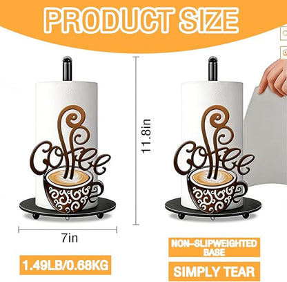 Coffee Themed Paper Towel Holder Countertop - Decorative Metal Paper Roll Stand with 3D Cup & Swirl Design, Weighted Base for Kitchen, Bar, Farmhouse Decor (Coffee)