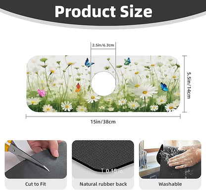 Vintage Watercolor Daisy Butterfly Dish Drying Mat for Kitchen Counter, 18"x24" Microfiber Absorbent Fast Dry Mat, 2Pcs Dish Mat Faucet Mats Sets, Large Drying Kitchen Mat Kitchen Drying Pad