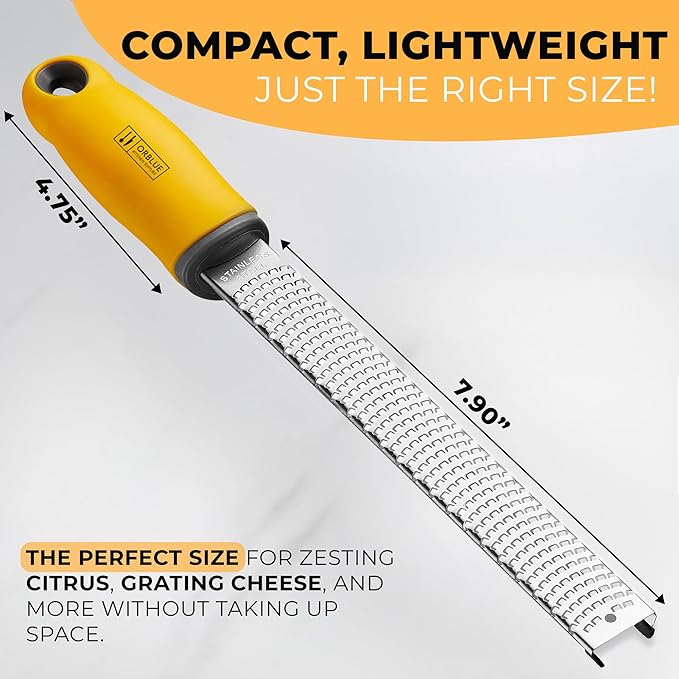 Orblue Lemon Zester & Cheese Grater - Premium Citrus Zester, Kitchen Grater for Parmesan, Chocolate, Fruits, Vegetables, Ginger, Garlic, Nutmeg - Stainless Steel Blades with Protective Cover, Yellow - Image 2