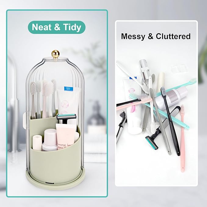 QIYVLOS Toothbrush Holders with Sliding Lid, Rotating 3 Slots Bathroom Organizer Countertop, Tooth Brush Toothpaste Holder Bathroom Counter Stand Sink Organizer Caddy for Makeup Brushes Holder (Green) - Image 4