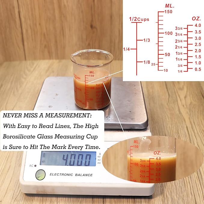 3 Piece Glass Measuring Cup Set, Includes 1/2-Cup, 1-Cup, and 2-Cup High Borosilicate Glasss Liquid Measuring Cups, Dishwasher, Freezer, Microwave, and Preheated Oven Safe, Essential Kitchen Tools - Image 4