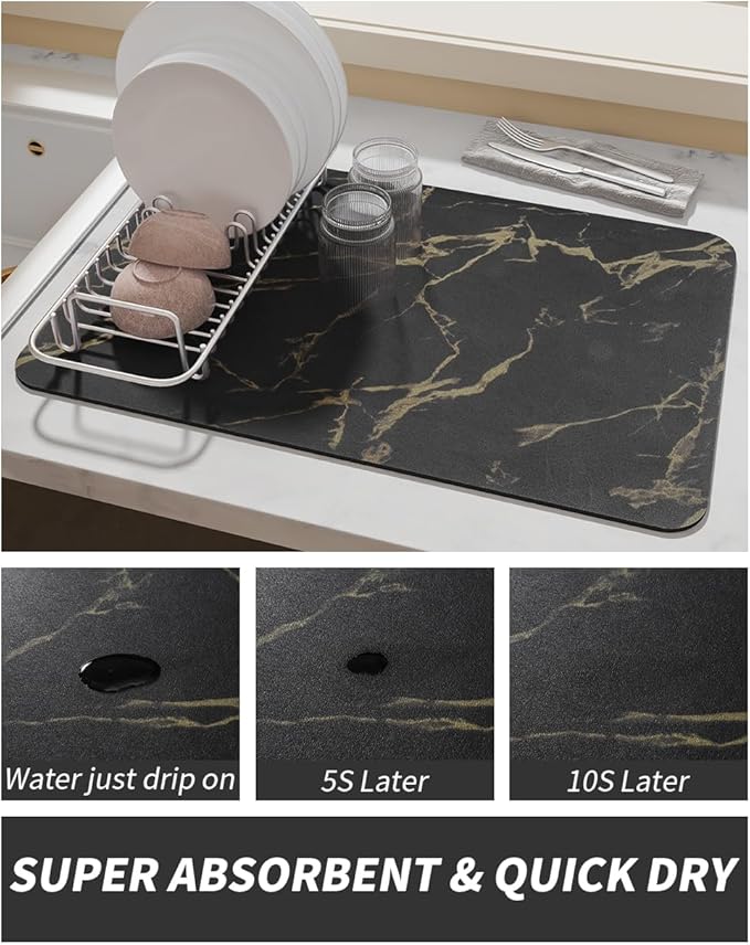 AMOAMI Coffee Mat Hide Stain Rubber Backed Absorbent Dish Drying Mat for Kitchen Counter-Coffee Bar Accessories, Black & Gold, 17"X31.5" - Image 3