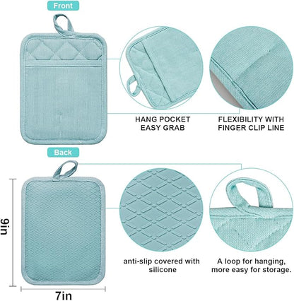 Pot Holders Yarn-Dyed Set of 3 Non Slip Silicone Kitchen Lines Heat Resistant 500℉ Kitchen Gloves BBQ Cooking Baking Cooking Barbecue Microwave Machine Washable (Light Blue Potholders)