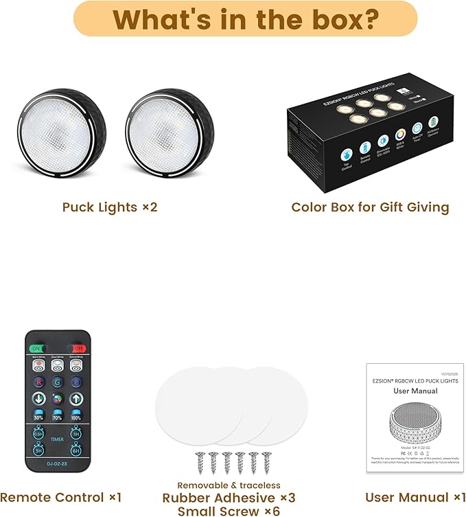 Puck Lights with Remote, Battery Operated LED Under Cabinet Lighting with Timer, Warm White & RGB Color Changing Stick on Tap Push Light for Kitchen Counter, Shelf, Display Case, 2 Pack, Black