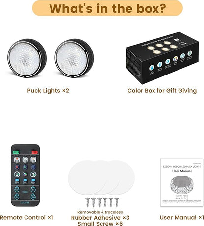Puck Lights with Remote, Battery Operated LED Under Cabinet Lighting with Timer, Warm White & RGB Color Changing Stick on Tap Push Light for Kitchen Counter, Shelf, Display Case, 2 Pack, Black