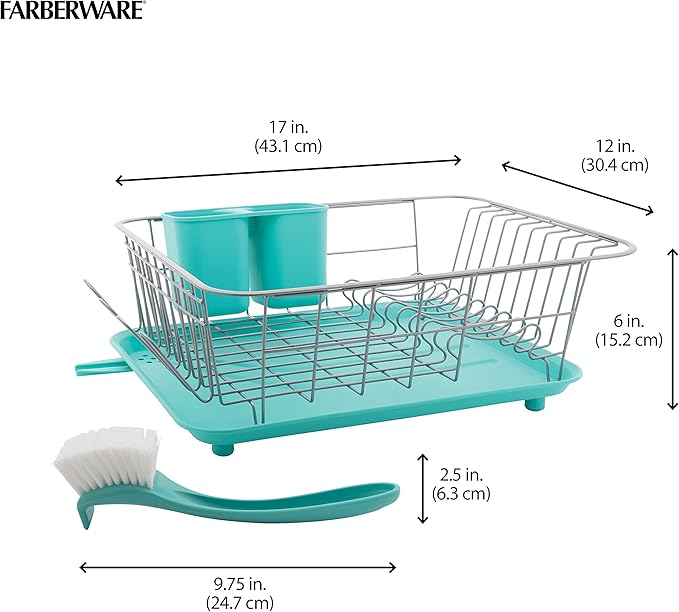 Farberware Compact Dish Drying Rack with Frost Sink Brush, Removable Drainboard and Flatware Caddy, Holds 9 Plates - Teal, Rust-Resistant for Small Kitchens - Image 6