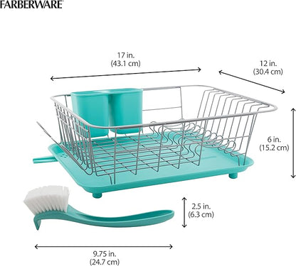 Farberware Compact Dish Drying Rack with Frost Sink Brush, Removable Drainboard and Flatware Caddy, Holds 9 Plates - Teal, Rust-Resistant for Small Kitchens - Image 6