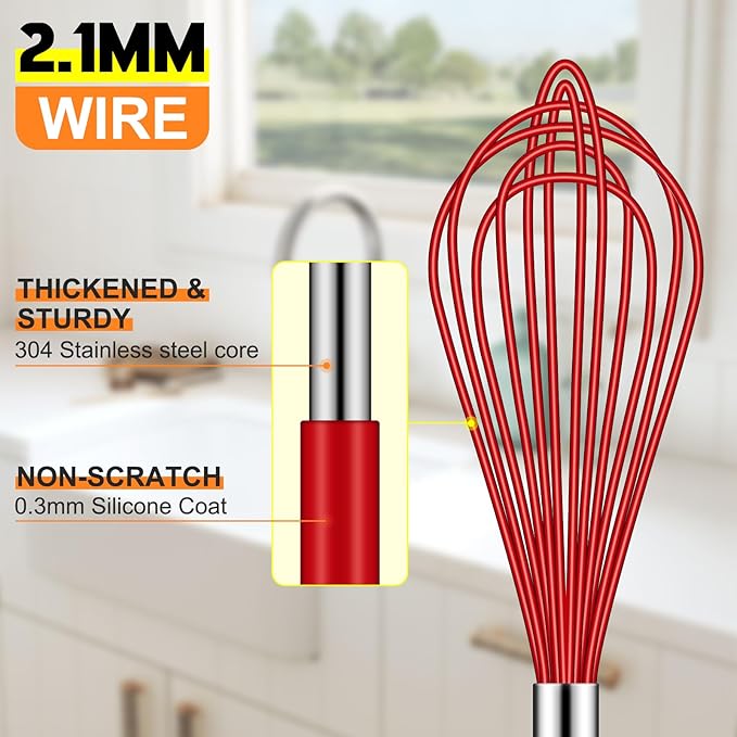 HOTEC 4 Pieces Silicone Whisks Set, Wire Balloon Whisks Egg Beater, Non-slip Handle Whisk for Non-stick Cookware Perfect for Cooking, Stirring, Beating and Blending (Red) - Image 5