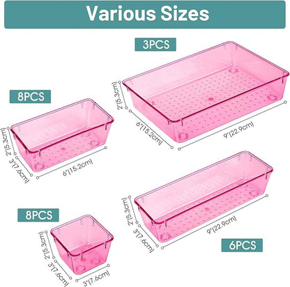 WOWBOX 25 PCS Plastic Drawer Organizer Set, 4 Sizes Desk Drawer Divider Organizers and Storage Bins for Makeup, Jewelry, Gadgets for Kitchen, Bedroom, Bathroom, Office, Clear Pink - Image 2