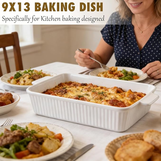 Casserole Dish, 9x13 Baking Pan, 4.4QT Large Casserole Dishes for Oven, Ceramic 9x13 Baking Dish with Handles, Oven Safe and Durable Baking Dishes for Lasagna, Baking Cake, Kitchen(Soft White)