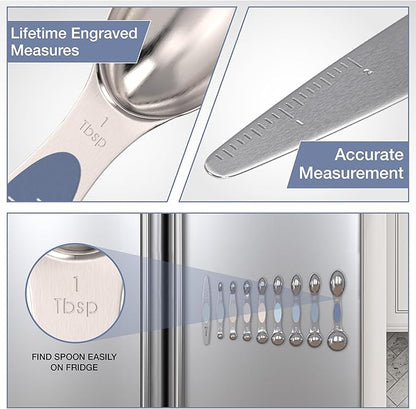CuttleLab Magnetic Measuring Spoons Set - Stainless Steel, Double Ended, Stackable & Nested Design for Dry and Liquid Ingredients, Ideal for Spice Jars, 9-Piece Set with Leveler (Farmhouse)
