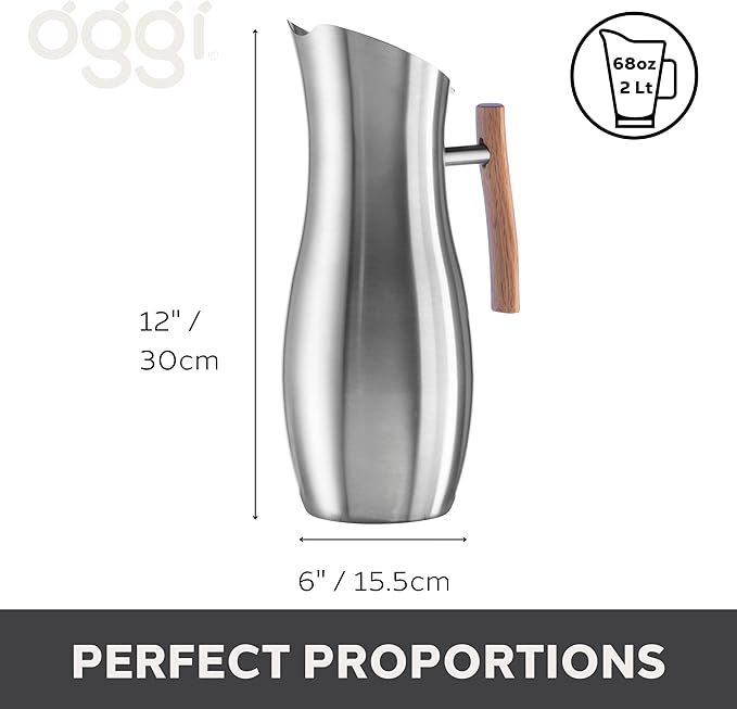 OGGI Slimline Stainless Steel Pitcher- Stainless Steel Water w/Ice Guard, Water Carafe, Great Metal Container for Entertaining, Ideal 68oz / 2 Lt Drink Pitcher - Image 6