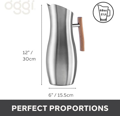 OGGI Slimline Stainless Steel Pitcher- Stainless Steel Water w/Ice Guard, Water Carafe, Great Metal Container for Entertaining, Ideal 68oz / 2 Lt Drink Pitcher - Image 6