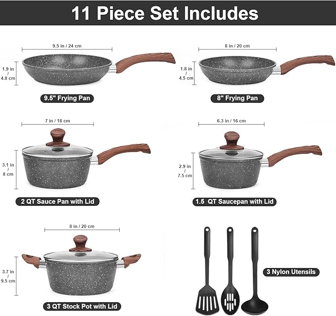 M MELENTA Granite Pots and Pans Set Non Stick, 11 Piece Die-Cast Induction Cookware Set, Nonstick Kitchen Cooking Set w/Frying Pans & Saucepans, PFOA Free - Image 2