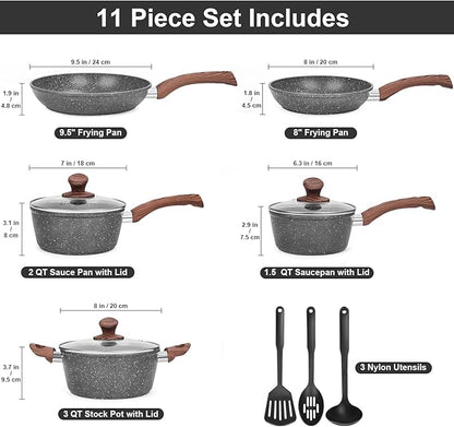 M MELENTA Granite Pots and Pans Set Non Stick, 11 Piece Die-Cast Induction Cookware Set, Nonstick Kitchen Cooking Set w/Frying Pans & Saucepans, PFOA Free - Image 2