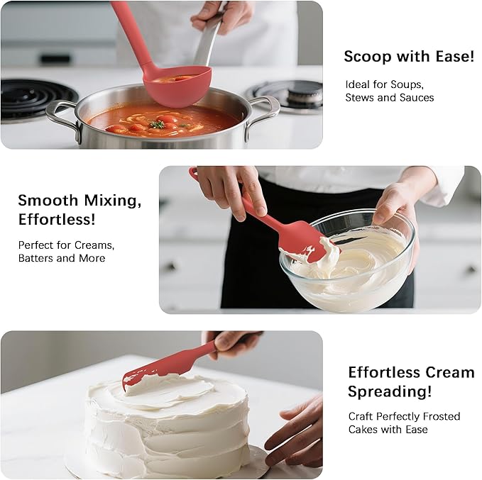 Coukre Silicone Kitchen Cooking Utensils Set with Holder – Heat-Resistant, Food-Grade Kitchen Tools, Spatula, Spoon & Gadgets for Non-Stick Pans, Dishwasher Safe (14, PureRed) - Image 4