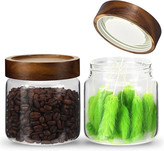 16 oz Glass Jars with Acacia Wood Airtight Lids Spice Jar Herb Storage Canister with Wooden Lid Clear Glass Food Jar for Sugar Pantry Tea Coffee Bean Spice Cookies (500ml/16oz-2pack) by Patoper