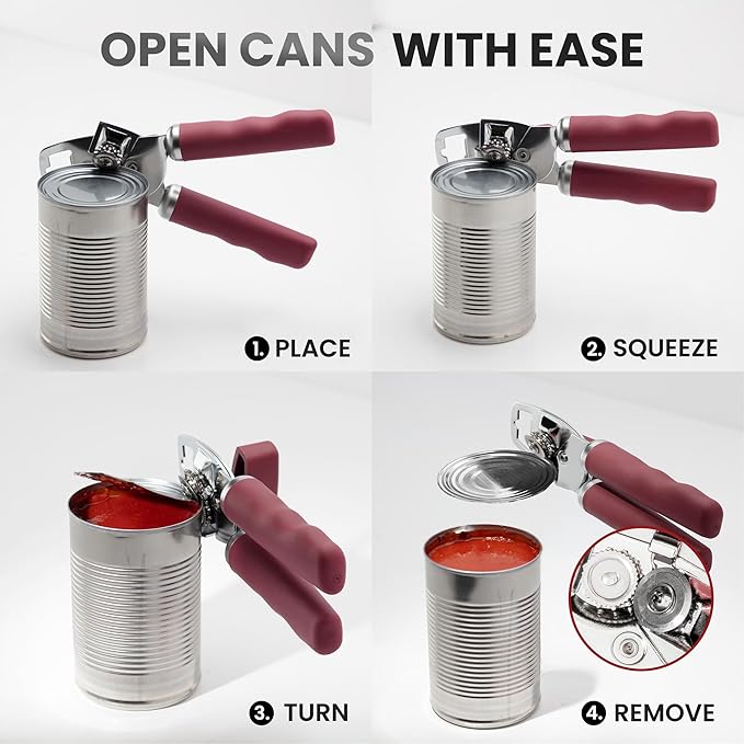 Zulay Kitchen Heavy Duty Stainless Steel Can Opener Manual with Bottle Opener - Rust Proof Manual Can Opener With Turn Knob & Comfy Soft Grip Handles - Deep Red - Image 6