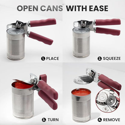 Zulay Kitchen Heavy Duty Stainless Steel Can Opener Manual with Bottle Opener - Rust Proof Manual Can Opener With Turn Knob & Comfy Soft Grip Handles - Deep Red - Image 6