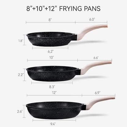 CAROTE Non Stick Frying Pan Skillet Set, Omelet Pan, Healthy Non Toxic Granite Chef Pan, Induction Compatible Egg Frying Pan with Heat-Resistant Handle, PFOA-Free,Black, 8"+10"+12" - Image 2