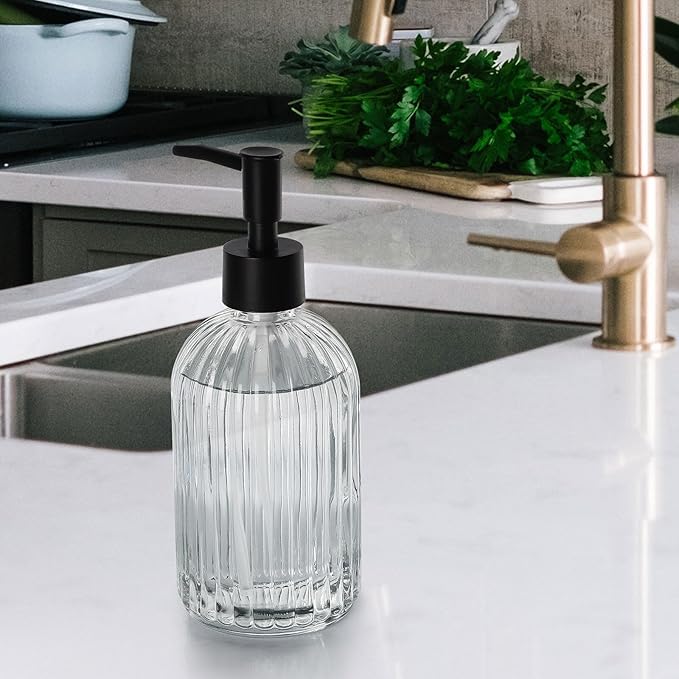 Topsky Glass Soap Dispenser with Plastic Pump, 400ml Liquid Hand Soap Dispenser, Rustproof Pump for Kitchen & Bathroom, Great for Lotions, Essential Oil, Liquid Soaps,Transparent - Image 2