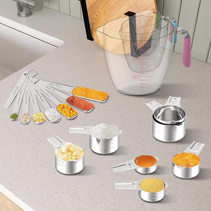 Stainless Steel Measuring Cups and Spoons Set, 6 Stainless Steel Measuring Cups, 7 Measuring Spoons & 1 Leveler, 3 Plastic Measuring Cup with 1 Measuring Conversion Chart - Image 2
