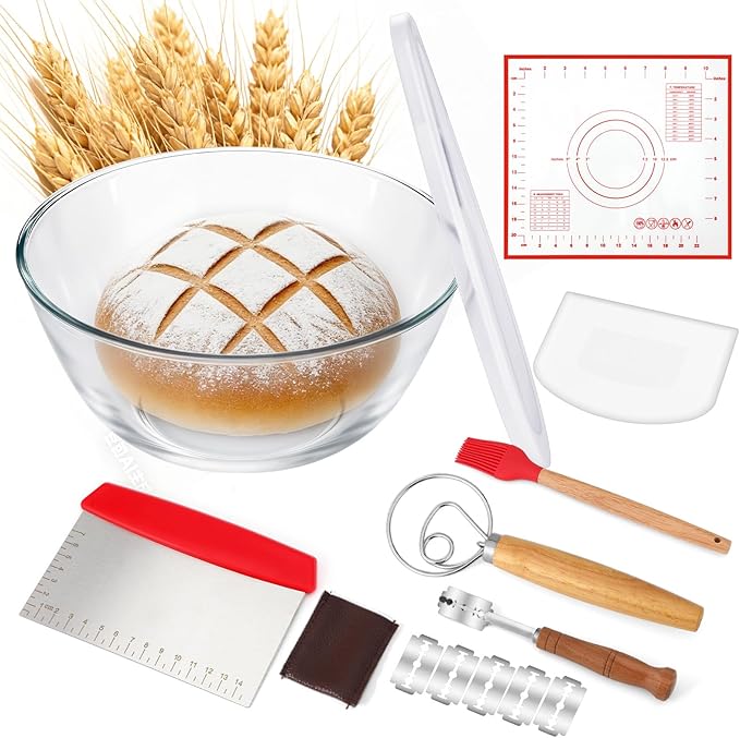 7 Pcs Large Glass Bowl for Sourdough Bread starter 4.7 Quart Glass Mixing Bowl for Sourdough Bread with Lid Sour Dough Breads Baking Supplies Clear Proofing Bowls Include Sour Dough Making Tools