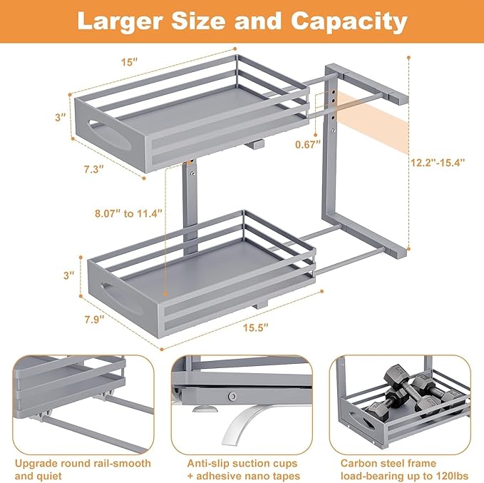 Under Sink Organizer, 2 Tier Under Sink Organizers and Storage, Adjustable Height, Slide out Metal Cabinet Organizers, Pull out Cabinet Storage Drawer Shelf for Kitchen Bathroom (Gray, 2 Pack) - Image 2