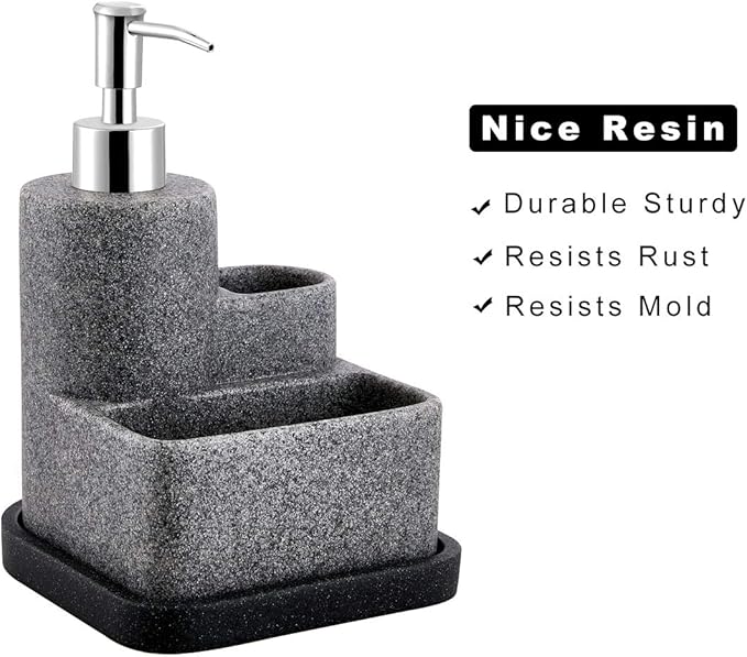 ZCCZ Black Soap Dispenser with Sponge Holder, Kitchen Soap Dispenser Pump, Sponge Caddy and Brush Holder 3 in 1 Set Organizer for Sink Countertop, Removable Tray, Marble Look (Brush NOT Included) - Image 8