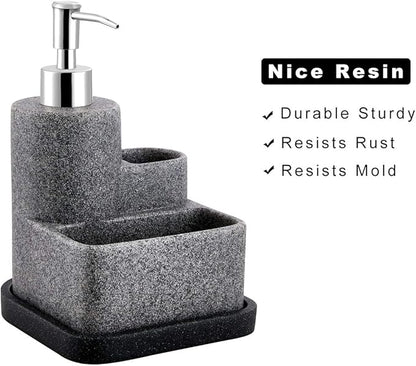 ZCCZ Black Soap Dispenser with Sponge Holder, Kitchen Soap Dispenser Pump, Sponge Caddy and Brush Holder 3 in 1 Set Organizer for Sink Countertop, Removable Tray, Marble Look (Brush NOT Included) - Image 8