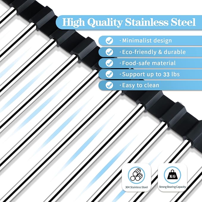 Seropy Roll Up Dish Drying Rack Over The Sink for Kitchen Sink Drying Rack Folding Dish Drainer Mat Rolling Dish Rack Sink Rack Stainless Steel Kitchen Dry Rack Black 17.5x15.7 Inch - Image 4