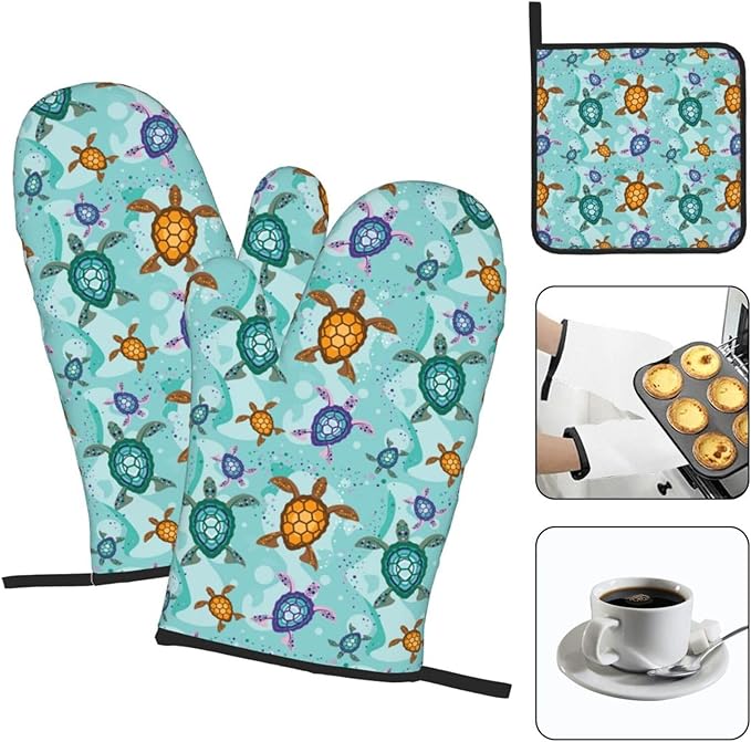 Cute Sea Turtle Beach Oven Mitts and Pot Holders Set Ocean Themed Decorative Heat Resistant Microwave Oven Gloves for BBQ Baking Grilling Cooks Kitchen Decor 3 Piece - Image 3