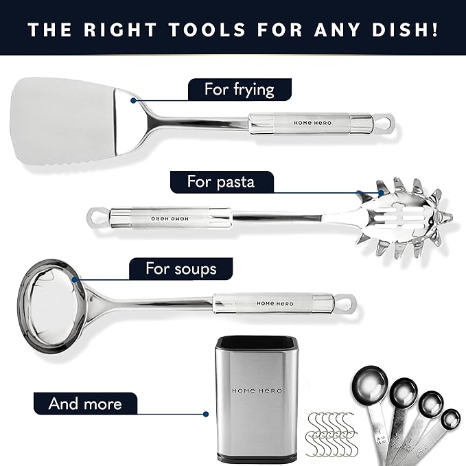 Home Hero 32-Piece Stainless Steel Kitchen Utensil Set - Heat-Resistant Nonstick Silicone Tools - Durable Stainless Steel Cooking Tools - Measuring Cups & Spoons with Holder - 32 Pc, Silver - Image 4