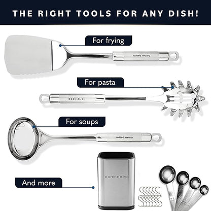 Home Hero 32-Piece Stainless Steel Kitchen Utensil Set - Heat-Resistant Nonstick Silicone Tools - Durable Stainless Steel Cooking Tools - Measuring Cups & Spoons with Holder - 32 Pc, Silver - Image 4