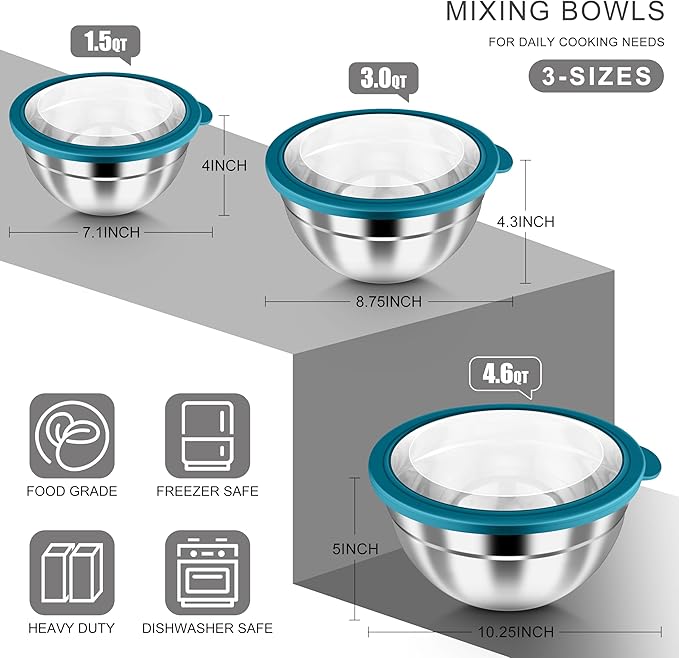HaWare Mixing Bowls with Airtight Clear Lids, 6-Piece Stainless Steel Strong Nesting Bowls Set, Metal Salad Bowl for Cooking, Prepping, Baking, Serving & Food Storage, Size 4.6, 3, 1.5QT, Teal Blue - Image 2