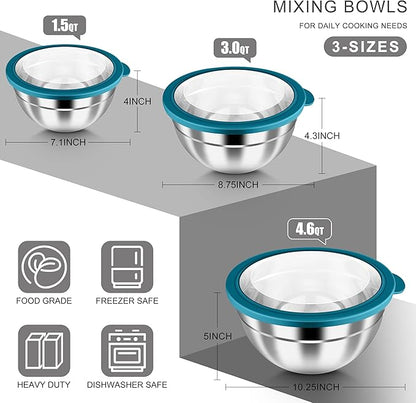 HaWare Mixing Bowls with Airtight Clear Lids, 6-Piece Stainless Steel Strong Nesting Bowls Set, Metal Salad Bowl for Cooking, Prepping, Baking, Serving & Food Storage, Size 4.6, 3, 1.5QT, Teal Blue - Image 2