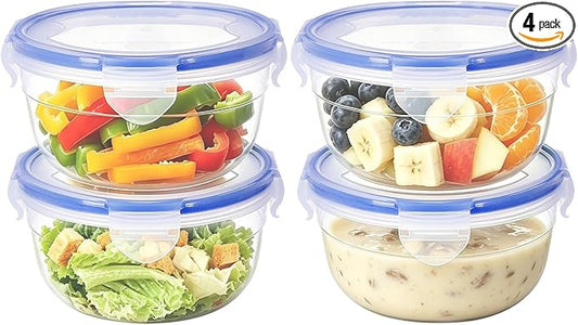 KIGI 4 PACK 20oz Plastic Round Bowls with Lid Leakproof Food Storage Container Set Small Meal Prep Containers Bento Box