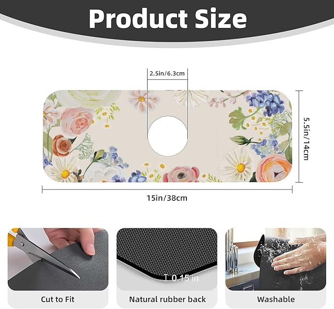 Vintage Country Watercolor Wildflowers Dish Drying Mat for Kitchen Counter, 18"x24" Microfiber Absorbent Fast Dry Mat, 2Pcs Dish Mat Faucet Mats Sets, Large Drying Kitchen Mat Kitchen Drying Pad