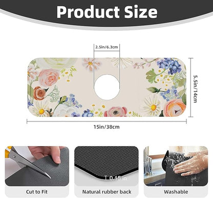 Vintage Country Watercolor Wildflowers Dish Drying Mat for Kitchen Counter, 18"x24" Microfiber Absorbent Fast Dry Mat, 2Pcs Dish Mat Faucet Mats Sets, Large Drying Kitchen Mat Kitchen Drying Pad