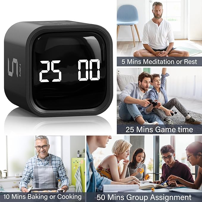 Rotating Pomodoro Timer 5, 25, 10 50 Minutes Preset, Desk Productivity Timer w/Gra vity Sensor, ADHD Tool Cube Countdown, Custom Modes, for Work, Study, Back to School, Kitchen, Black, 2 Pack - Image 9