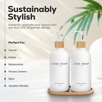 White Glass Hand and Dish Soap Dispenser Set by Brighter Barns - Kitchen Soap Dispenser Set with Tray - Glass Bottles for Kitchen Sink - Housewarming Gift, Countertop Decor, Boho Home Decor (White) - Image 2