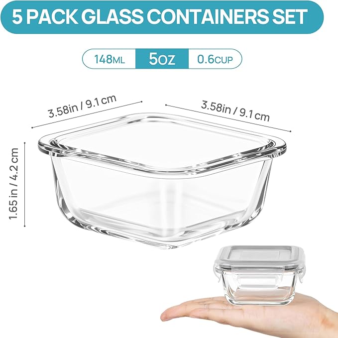 Vtopmart 5Pack 5oz Small Glass Storage Containers with Lids, Glass Meal Prep Food and Sauce Container Sets with Snap Airtight Lids for Microwave, Oven, Freezer and Dishwasher, Grey - Image 2