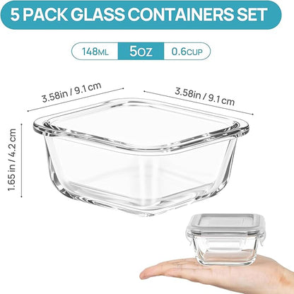 Vtopmart 5Pack 5oz Small Glass Storage Containers with Lids, Glass Meal Prep Food and Sauce Container Sets with Snap Airtight Lids for Microwave, Oven, Freezer and Dishwasher, Grey - Image 2
