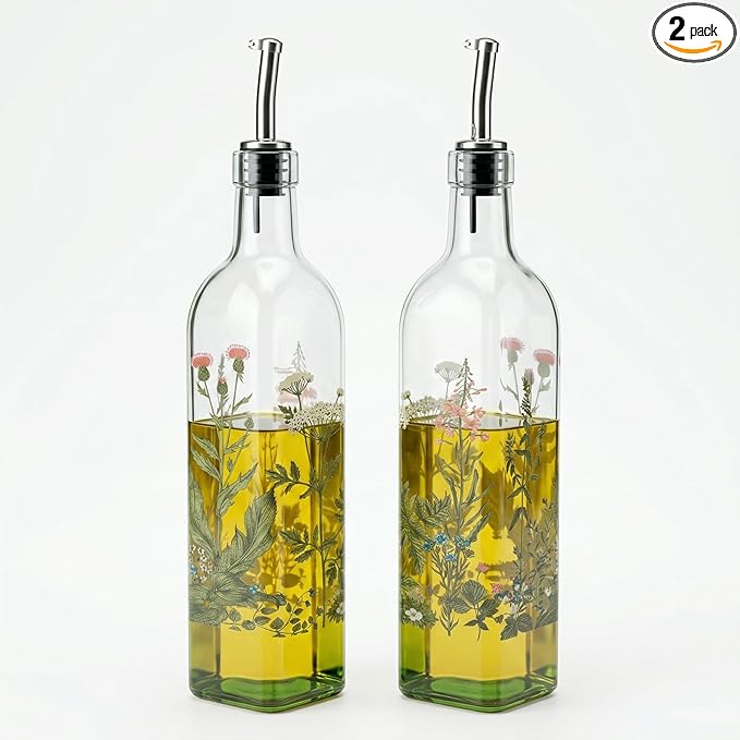 Topadorn 17 oz Olive Oil Dispenser Bottle Set for Kitchen, 2 Pcs Glass Oil Dispenser Bottle with Stainless Steel Pourers, 2 Packs of Napkins, Green Flowers
