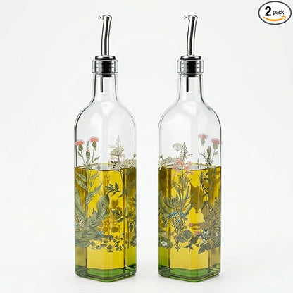 Topadorn 17 oz Olive Oil Dispenser Bottle Set for Kitchen, 2 Pcs Glass Oil Dispenser Bottle with Stainless Steel Pourers, 2 Packs of Napkins, Green Flowers