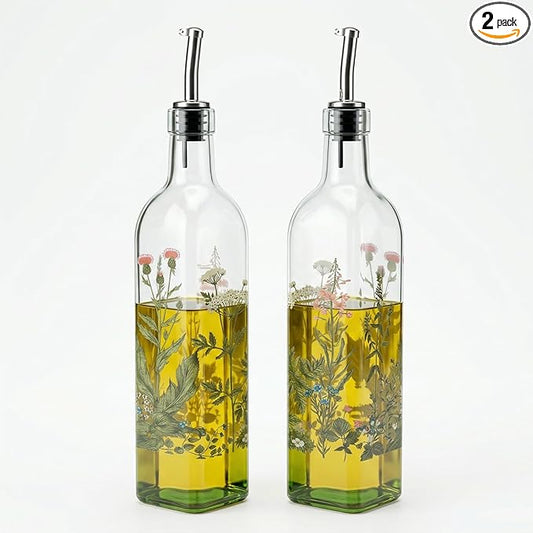 Topadorn 17 oz Olive Oil Dispenser Bottle Set for Kitchen, 2 Pcs Glass Oil Dispenser Bottle with Stainless Steel Pourers, 2 Packs of Napkins, Green Flowers