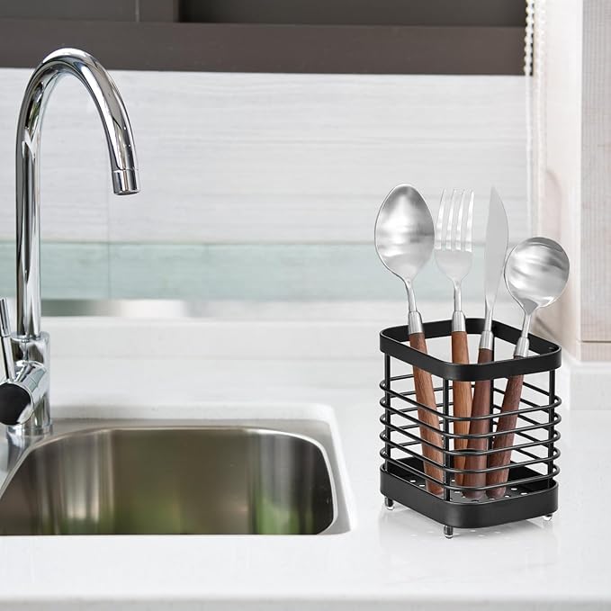 Utensil Holder, Stainless Steel Utensil Drying Rack for Kitchen Counter, Silverware Cutlery Flatware Holder Forks, Knives, Spoons, Chopsticks Organizer (Black) - Image 6