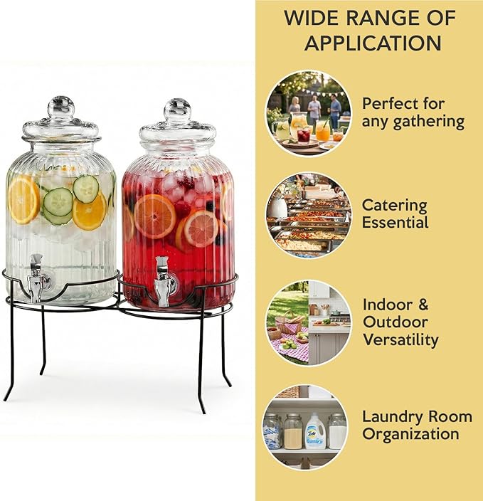 Style Setter Canyon Glass Beverage Dispenser with Stand Set of 2-1.3 Gallon Drink Dispenser with Stand & Spigot - Leak-Proof Lemonade Dispenser - Punch Dispenser for Parties, Weddings, Birthdays